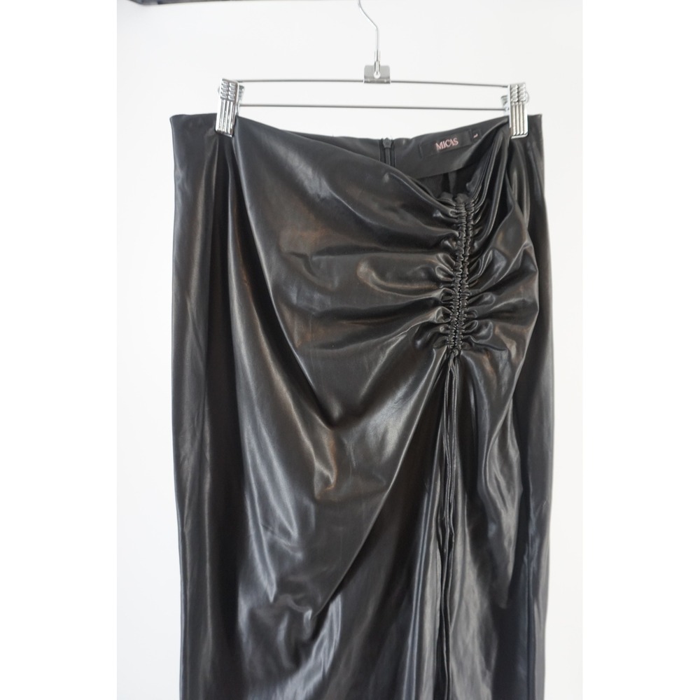 MICAS Faux Leather Ruched Side Slit Midi Skirt date Night Chic Black L - Picture 3 of 7